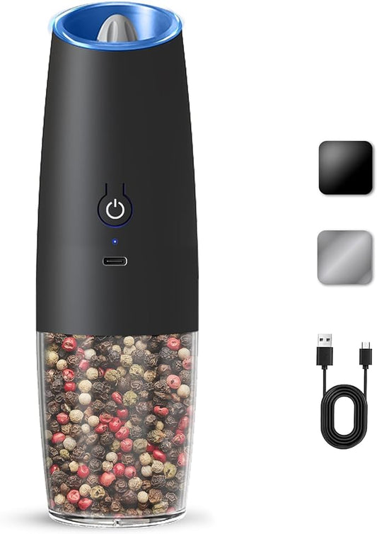 Rechargeable Electric Salt And Pepper Grinder Set, Automatic Gravity Electric Salt And Pepper Grinder Set, Adjustable Roughness, Led Light, 1 Pack, (Black) by KIARYUOLL
