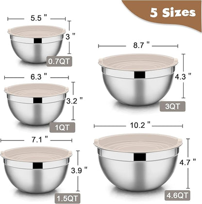 E-far Stainless Steel Mixing Bowls with Lids, 5-Pack Metal Nesting Bowls with Airtight Covers for Cooking, Baking, Serving, Storage, Non-toxic & Dishwasher Safe, Size 4.6/3/1.5/1/0.7QT - Khaki - Image 2