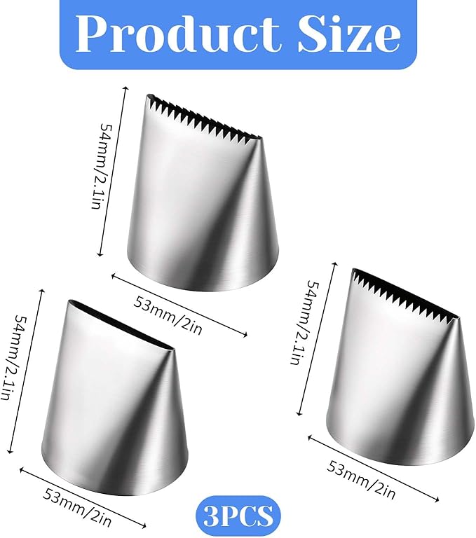 Ptwola 3 PCS Piping Tips Set Large Frosting Piping Kit Stainless Steel Cake Icing Nozzles Tips Decorating Tools Silver Pastry Bags Tips Accessories for Cookie Cupcake Baking Buttercream Supplies - Image 2