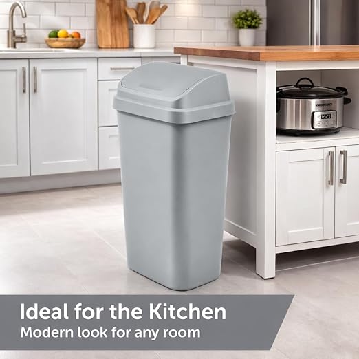 SKYREN 13 Gallon Kitchen Trash Can with Swing Top Lid, Plastic Garbage Bin for Home, Office, and Kitchen Waste, Large Capacity Wastebasket, Light Gray - Image 2