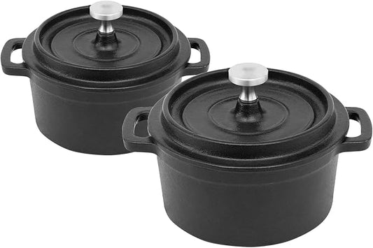 Flavehc Mini Cocotte 16 oz Pre-Seasoned Mini Dutch Oven 0.5 qt. Cast Iron Garlic Roaster for Oven Garlic Confit Pot Ramekins with Lids Oven Safe Set of 2