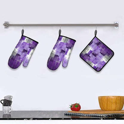 LOKMU Oven Mitts and Pot Holders Set of 3, Purple and Grey White Abstract Art Heat Resistant Kitchen Gloves Hot Pads for Cooking Baking BBQ, Kitchen Decor Gifts for Cooking Lover Cooks