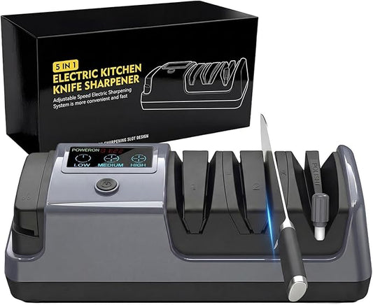 5-in-1 Electric Knife Sharpener for All Knives – Diamond Abrasive Sharpener with 3 Speeds & LCD Display | Sharpens Straight, Serrated, Kitchen Knives & Scissors | Automatic, Safe, Easy to Use (gery)