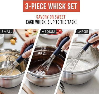 Chef Pomodoro 3-Piece Kitchen Whisk Set, Stainless Steel Whisks for Cooking, Wisk Kitchen Tool, Thick Wire Whisk Set, Wisking Tool for Cooking, Blending, Whisking, Beating and Stirring - Image 4