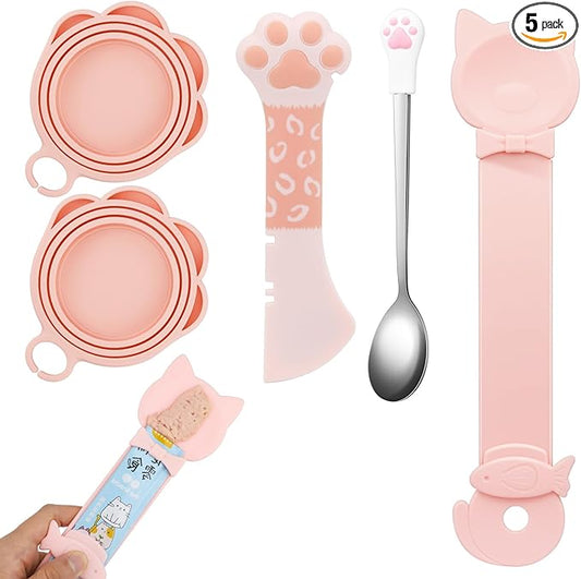 5 PCS Cat Food Can Covers Lids Set, Silicone Pet Food Can Lids with Multi-Function Cat Food Spoon and Opener, Cat Bar Squeezer, Stainless Steel Wet Food Spoon for Cats and Dogs (Pink) (Flower Pattern)
