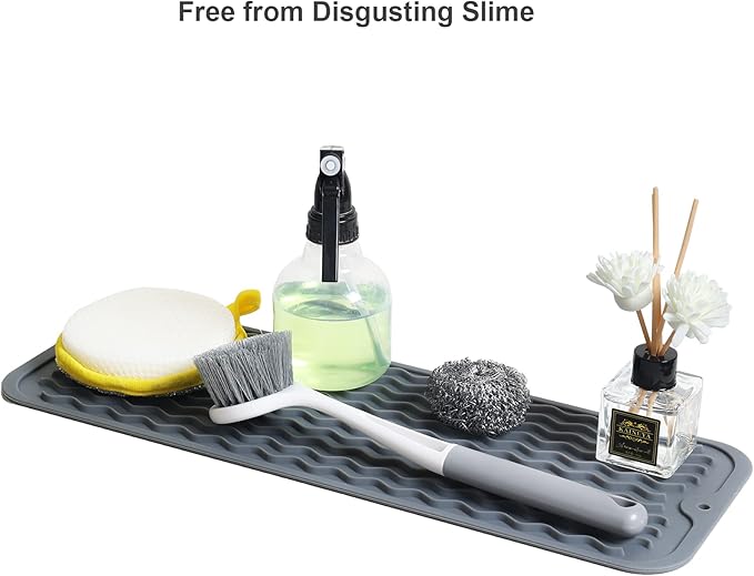 ZLR 2 Pcs Silicone Sponge Holder & Sink Caddy Tray (6" x 17") - Narrow Dish Drying Mat for Kitchen Counter - Waterproof Soap Dispenser Organizer, Non-Slip Bathroom Vanity Tray (Dark Gray) - Image 6