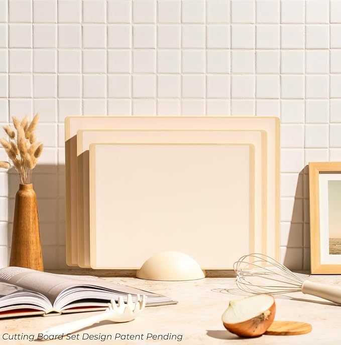 SMIRLY Plastic Cutting Board Set with Holder 3 Pieces, Non-Slip Dishwasher Safe Chopping Boards for Kitchen, Cream White - Image 7