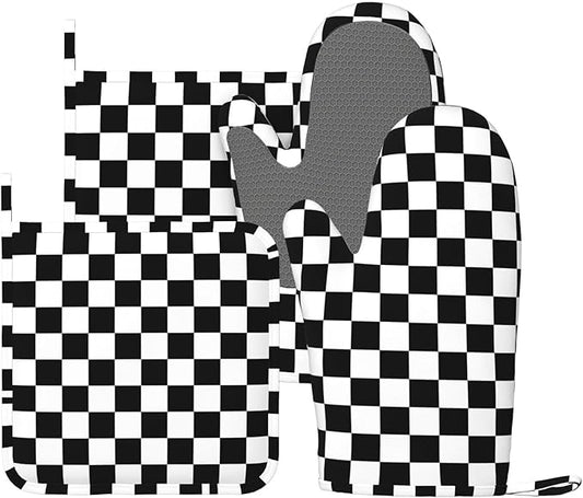 Black White Checkered Oven Mitts and Pot Holders Sets of 4, Heat Resistant Silicone Oven Mittens and Potholders Gloves Hot Pads for Kitchen Cooking Baking Grilling BBQ Chef by Echoserein