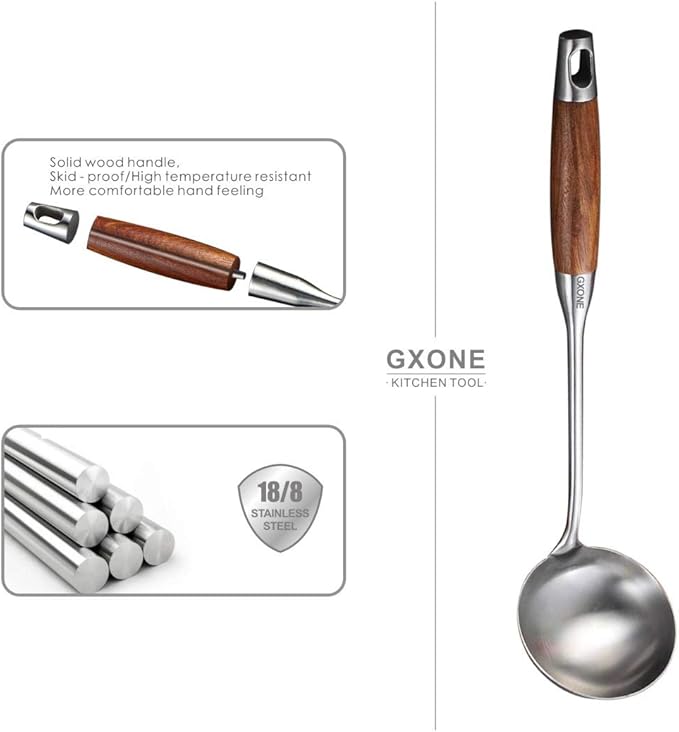 Soup Ladle,304 Stainless Steel Cooking Ladle Spoon Wok Tools with Long Wooden Handle Heat Resistant,Silver/14.6Inch - Image 3