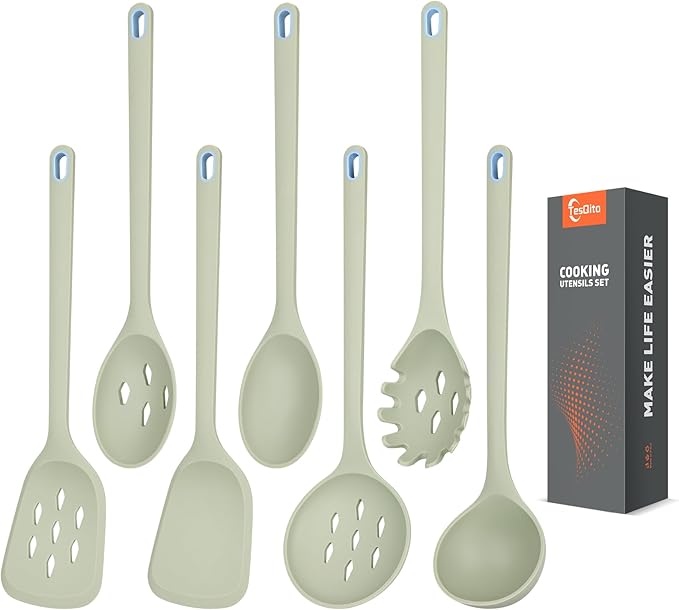 Large Silicone Utensils Set of 7 for Cooking,No Scratch for Nonstick Cookware,Pasta Server,Spaghetti Spoon,Slotted Spoon&Spatula,Solid Spoon&Spatula,Skimmer,Soup Ladle BPA Free Heat Resistant (Green) by TesQita