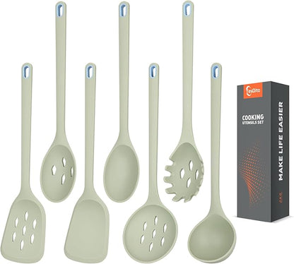 Large Silicone Utensils Set of 7 for Cooking,No Scratch for Nonstick Cookware,Pasta Server,Spaghetti Spoon,Slotted Spoon&Spatula,Solid Spoon&Spatula,Skimmer,Soup Ladle BPA Free Heat Resistant (Green) by TesQita