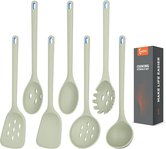 Large Silicone Utensils Set of 7 for Cooking,No Scratch for Nonstick Cookware,Pasta Server,Spaghetti Spoon,Slotted Spoon&Spatula,Solid Spoon&Spatula,Skimmer,Soup Ladle BPA Free Heat Resistant (Green) by TesQita