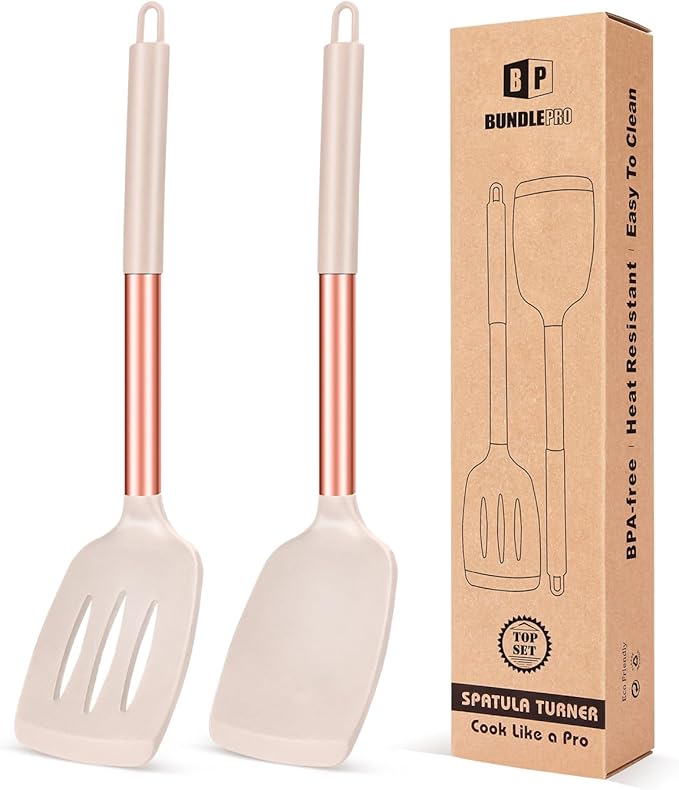 Pack of 2 Silicone Solid Turner, Non Stick Slotted Kitchen Spatulas, High Heat Resistant BPA Free Cooking Utensils, Ideal Cookware for Fish, Eggs, Pancakes(Rose Gold Khaki) by BUNDLEPRO