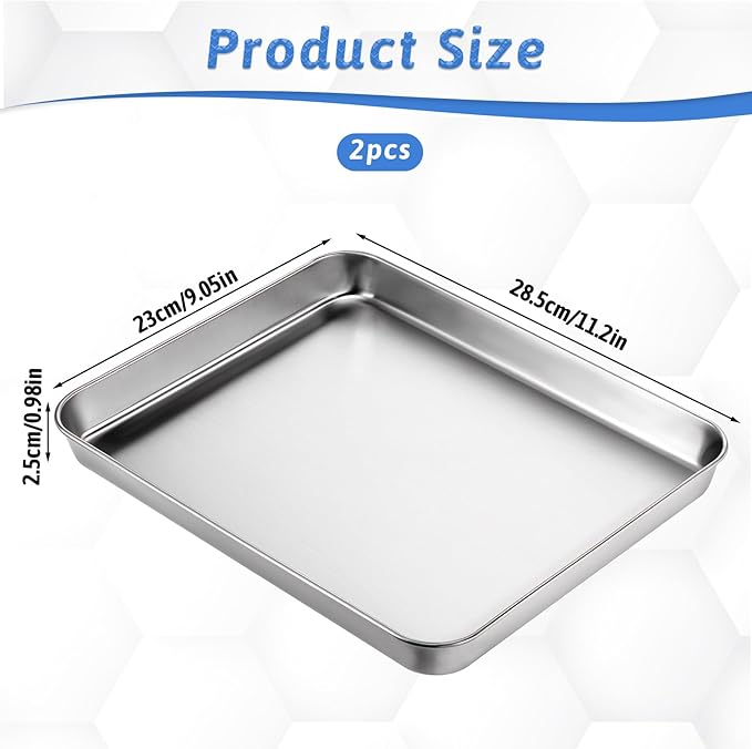 2Pcs Toaster Oven Pans for Baking, 9x11 Baking Sheets Cookie Sheet Stainless Steel Small Replacement Trays for Toaster