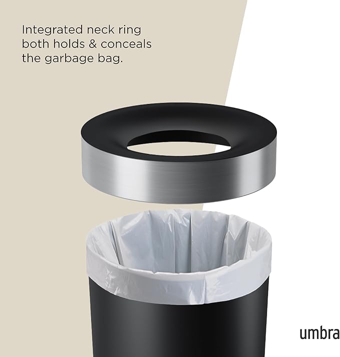 Umbra Vento Kitchen Trash Can – Large 16 Gal (62 L) Open Top Garbage Can for Home & Office – Modern Clean Design, Black/Nickel