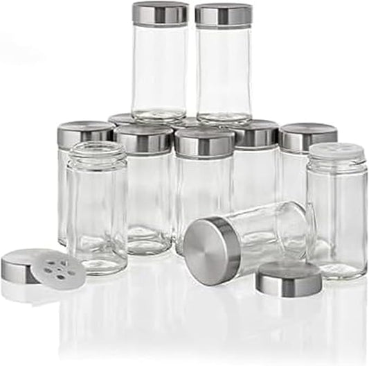Kamenstein Clear Reusable 3 Oz Jars With Stainless Steel Shaker Lids, And Twist-On Caps For Airtight Seals 12 Pk by Kamenstein