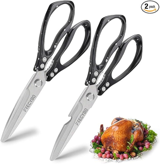 Heavy Duty Food Shears, Multi-Purpose Kitchen Scissors with Sharp Blades, 2-Pack Stainless Steel Food Shears for Kitchen, Poultry, Meat, Fish,Bone (Black)