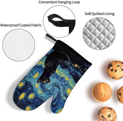 LOKMU Oven Mitts and Pot Holders Set of 3, Starry Night and Black Cat Heat Resistant Kitchen Gloves Hot Pads for Cooking Baking BBQ, Kitchen Decor Gifts for Cooking Lover Cooks