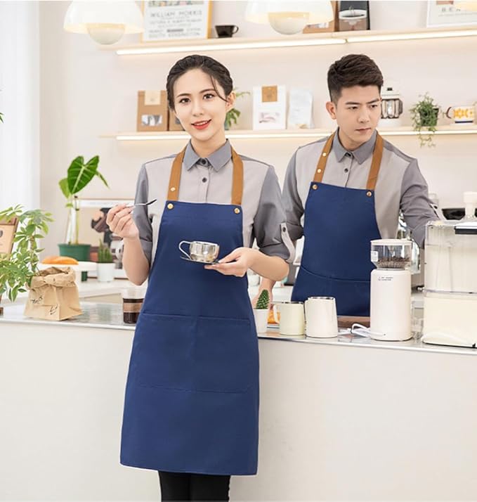 Kitchen Bib Apron with Pockets, Women Men Adjustable Neck Strap Water Resistant Apron for Chef Artist Waiter