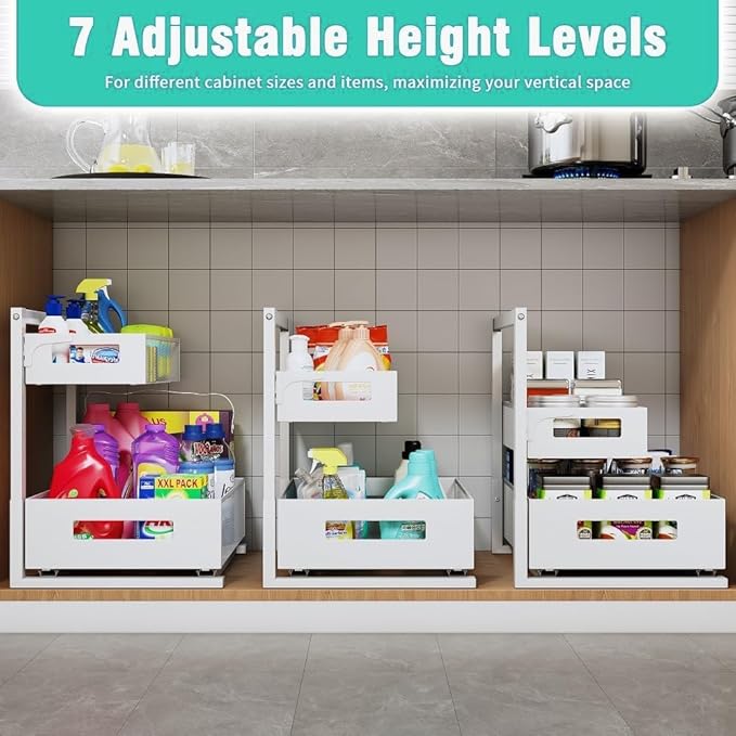 Petiza Under Sink Organizer Adjustable Height 2 Tier Bathroom Organizer Pull Out Cabinet Organer kitchen organizers and storage fridge organizers and storage,White,XL-1 Pack - Image 4