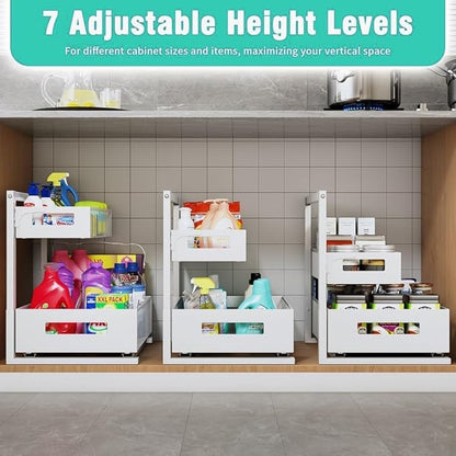 Petiza Under Sink Organizer Adjustable Height 2 Tier Bathroom Organizer Pull Out Cabinet Organer kitchen organizers and storage fridge organizers and storage,White,XL-1 Pack - Image 4