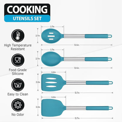 Pack of 4 Large Silicone Cooking Spatulas and Spoons, Slotted and Solid Stainless Steel Cooking Utensils Set, Non-stick Heat Resistant Kitchen for Baking, Fried, Stir-Fry, Mixing, Serving (Blue) - Image 2