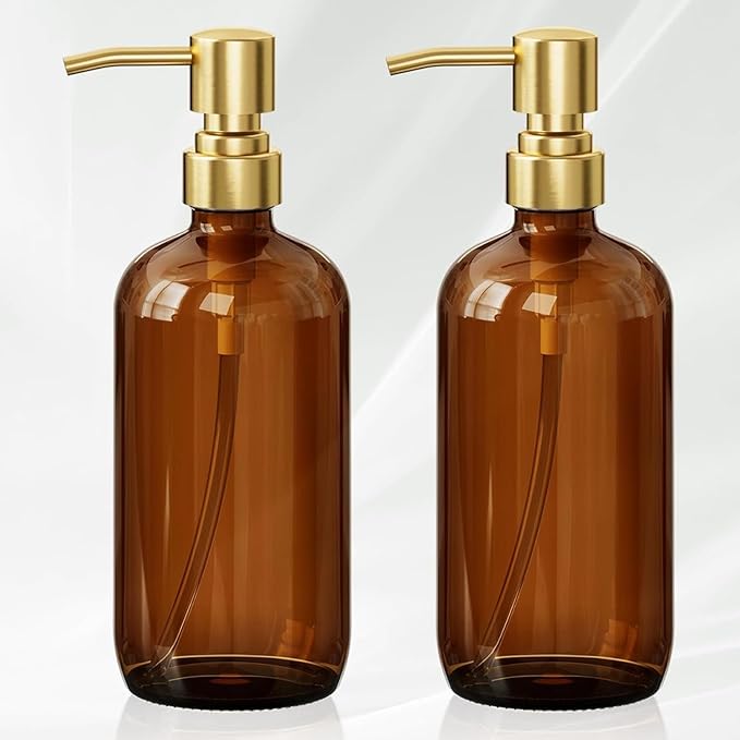 AmazerBath Amber Glass Soap Dispenser, 2 Pack Vintage Brown Bottle with Stainless Steel Pump,17 Oz Hand Dish Soap Dispenser Bottle, Modern Soap Dispensers for Bathroom Kitchen by AmazerBath