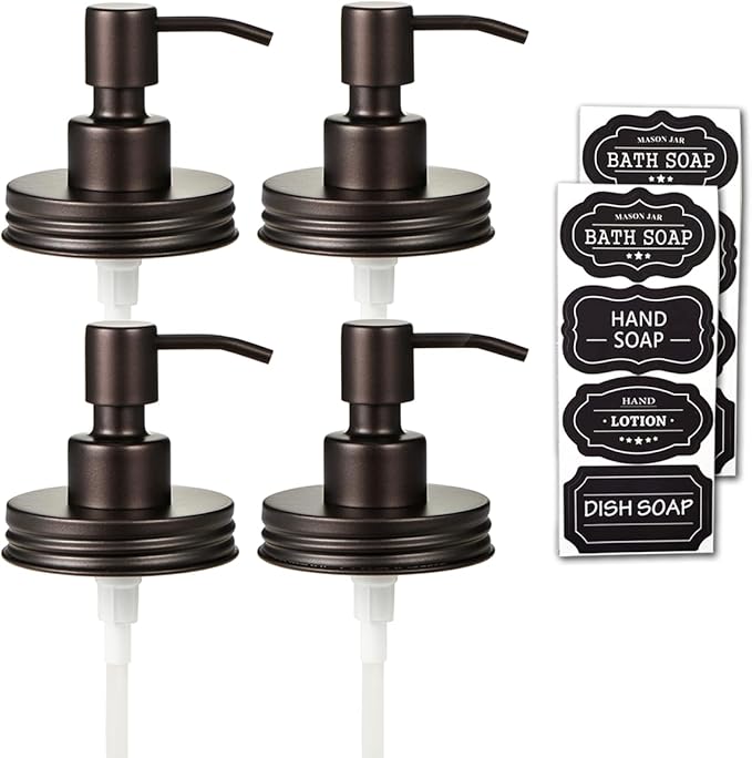 Amolliar Mason Jar Liquid Soap Dispenser Pump Lid, Stainless Steel Pump for 16oz Regular Mouth Jar, Rustic Farmhouse Decor, Kitchen Hand Soap, Dish Soap, Lotion Soap, Bronze 4 Pack, Extra 2 Long Tubes