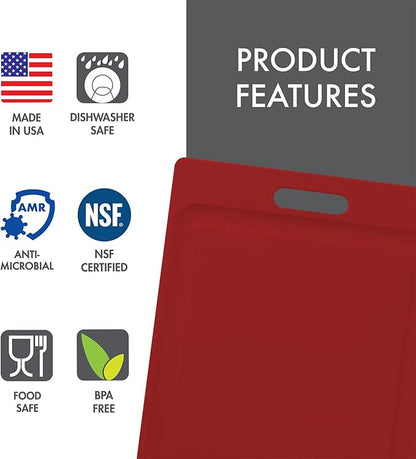 Dexas NSF Certified Polysafe Cutting Board with Handle and Juice Well, 12 x 18 inches, Reversible Kitchen Cutting Board, Red