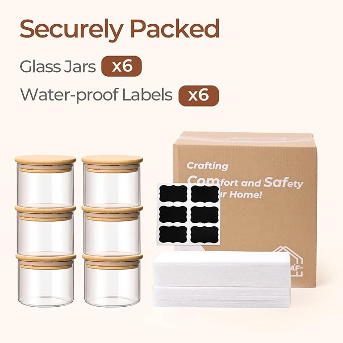 ComSaf 0.5 Qt Glass Food Storage Jars Set of 6, Clear Glass Storage Containers with Lids, Pantry Organization Jar, Spice, Blooming Tea, Coffee, Cookie and Sugar Container, Small jar Set for Kitchen - Image 8