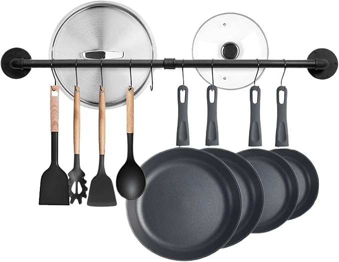 32 inch Pot Rack Wall Mounted Pan Hangers for Kitchen, Industrial Pipe Utensils Hanging Rail Iron Detachable Storage Organizer Lids Holder with 8 S Hooks, Black by BOSHANGJIA
