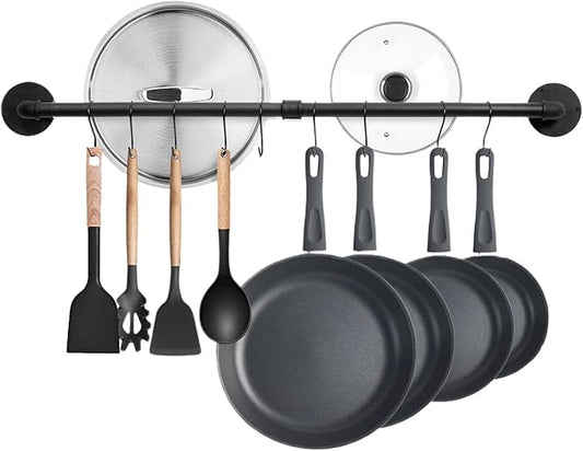 32 inch Pot Rack Wall Mounted Pan Hangers for Kitchen, Industrial Pipe Utensils Hanging Rail Iron Detachable Storage Organizer Lids Holder with 8 S Hooks, Black by BOSHANGJIA