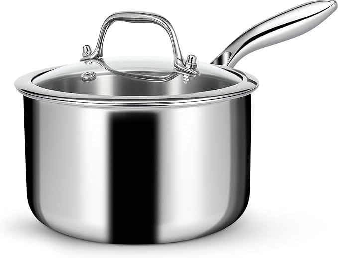 EWFEN 3 Ply Stainless Steel Saucepan with Lid, 2 Quart Multipurpose Cooking Pot, Stay-Cool Handle, Induction Oven Dishwasher Safe, 2 QT by EWFEN