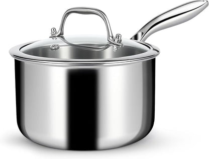 EWFEN 3 Ply Stainless Steel Saucepan with Lid, 2 Quart Multipurpose Cooking Pot, Stay-Cool Handle, Induction Oven Dishwasher Safe, 2 QT by EWFEN