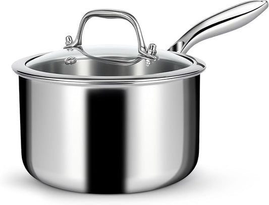 EWFEN 3 Ply Stainless Steel Saucepan with Lid, 2 Quart Multipurpose Cooking Pot, Stay-Cool Handle, Induction Oven Dishwasher Safe, 2 QT by EWFEN