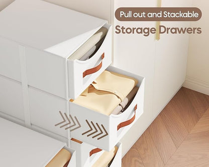 Homsorout Stackable Storage Drawers - Collapsible Storage Bins with Drawers, 4 Pack Closet Shelf Organizer Basket, Fabric Pull Out Organizer for Bedroom, Living Room, Dorm, White