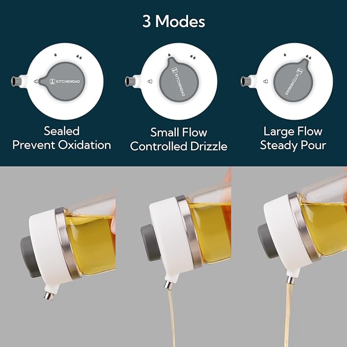 KITCHENDAO Precision Pour Glass Oil Dispenser with 3 Modes, Drip-free Spout, Two Adjustable Flowing Speed, 12 oz Vinegar Dispenser Bottle for Kitchen, Borosilicate Glass Olive Oil Bottle for Cooking - Image 2