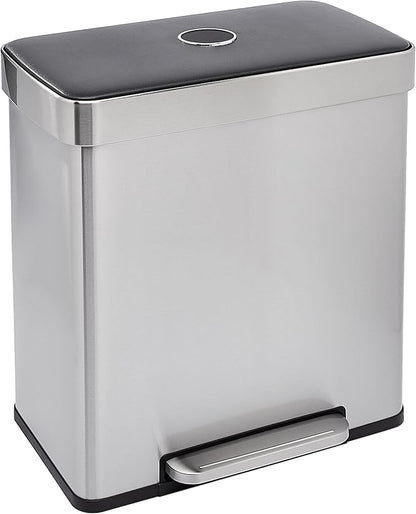 Amazon Basics Dual Compartment Recycling Trash Can with Soft-Close Lid, Fingerprint Resistant, Removable Liner Buckets, 60 Liters, Rectangular, Grey, Silver by AmazonBasics