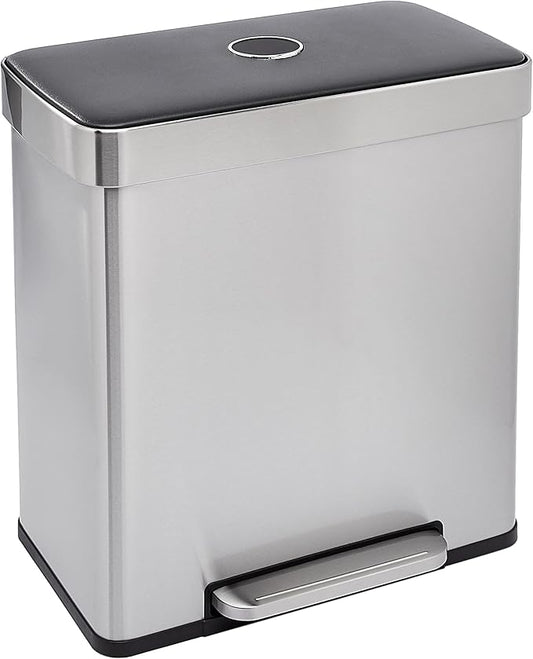 Amazon Basics Dual Compartment Recycling Trash Can with Soft-Close Lid, Fingerprint Resistant, Removable Liner Buckets, 60 Liters, Rectangular, Grey, Silver by AmazonBasics