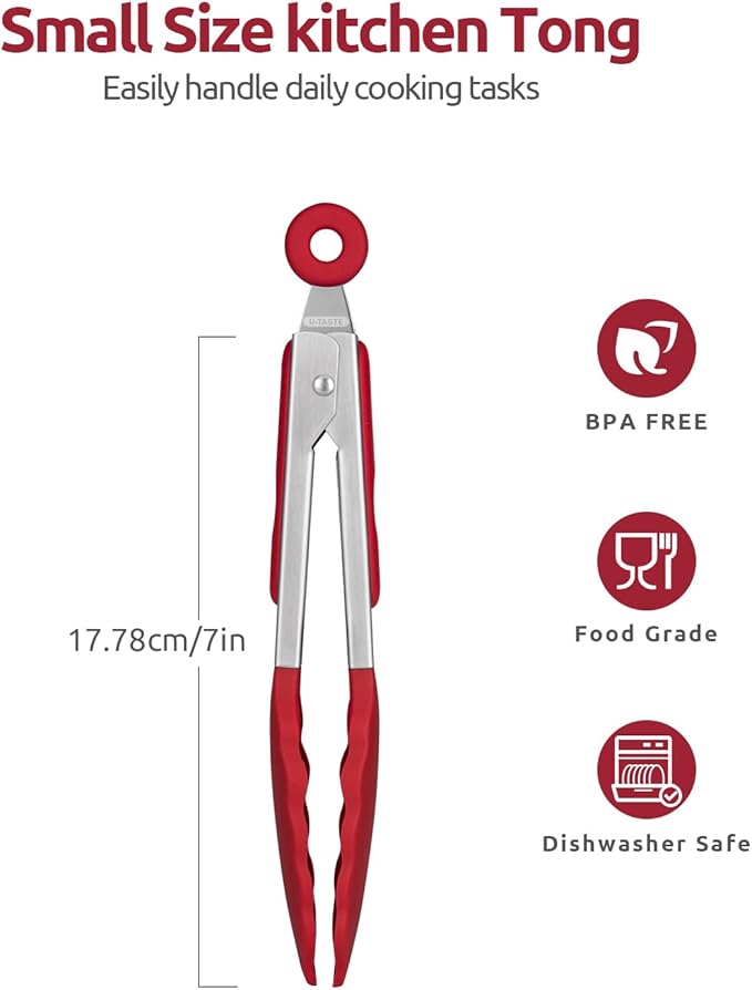 600ºF Heat Resistant Kitchen Tong: U-Taste 7 inch Silicone Cooking Tong with Firm Sealed Non Stick Rubber Tips & Silicon Coated 18/8 Stainless Steel Handle & Smooth Locking for Serving Salad (Red) - Image 2
