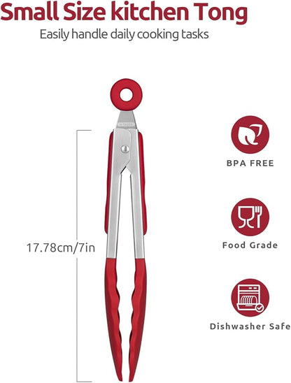 600ºF Heat Resistant Kitchen Tong: U-Taste 7 inch Silicone Cooking Tong with Firm Sealed Non Stick Rubber Tips & Silicon Coated 18/8 Stainless Steel Handle & Smooth Locking for Serving Salad (Red) - Image 2