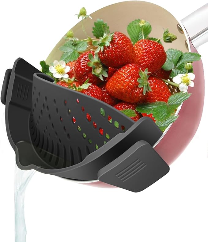 YEVIOR Clip on Strainer for Pots Pan Pasta Strainer, Silicone Food Strainer Hands-Free Pan Strainer, Clip-on Kitchen Food Strainer for Spaghetti, Pasta, Ground Beef Fits All Bowls and Pots (Black) by YEVIOR