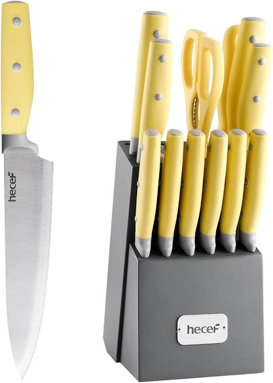 hecef Kitchen Knife Block Set, 14 Pieces Knife Set with Wooden Block & Sharpener Steel & All-purpose Scissors, High Carbon Stainless Steel Cutlery Set (Yellow)
