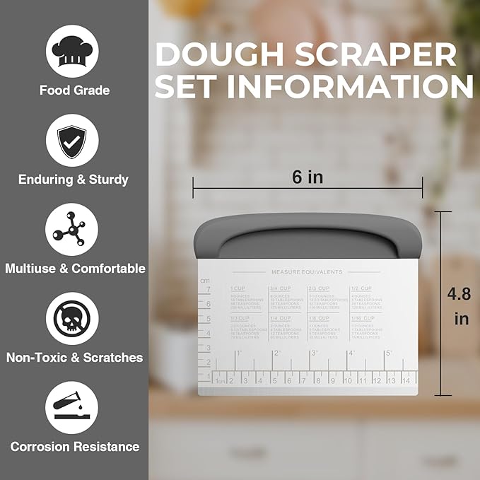 Bench Scraper Dough Cutter Tool - Pastry Scraper for Bread Cake Pizza, Bench Knife Kitchen Dough Scraper for Baking, Stainless Steel Food Scraper with Grip Handles & Measuring Scale, Grey - Image 3