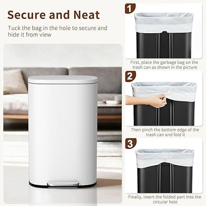 PayLessHere Stainless Steel Trash Can with Lid - Removable Inner Bucket, Foot Pedal Soft Close for Office, Home, Kitchen (White, 13 G) - Image 6