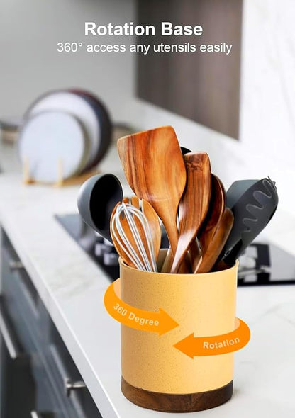 Nucookery 360°Rotating Utensil Holder, 7.2" Large Utensil Crock, White Ceramic Cooking Utensil Organizer,Farmhouse Kitchen Decor Christmas Thanksgiving Gift (Yellow Sand) - Image 5