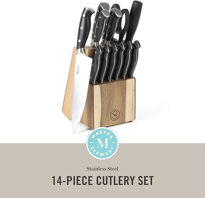 Martha Stewart Greeley 14 pc Triple- Riveted Cutlery Knife Acacia Wood Block Set w/Comfort Grip Handles- Black - Image 2