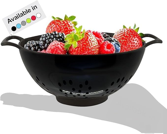 Meadow Lane 6-inch Small Colander, BPA-Free, Dishwasher Safe, Double Handles, Compact Food Strainer for Berries, Veggies and Pasta, 3-Cup Capacity, Glossy Black by MeadowLane
