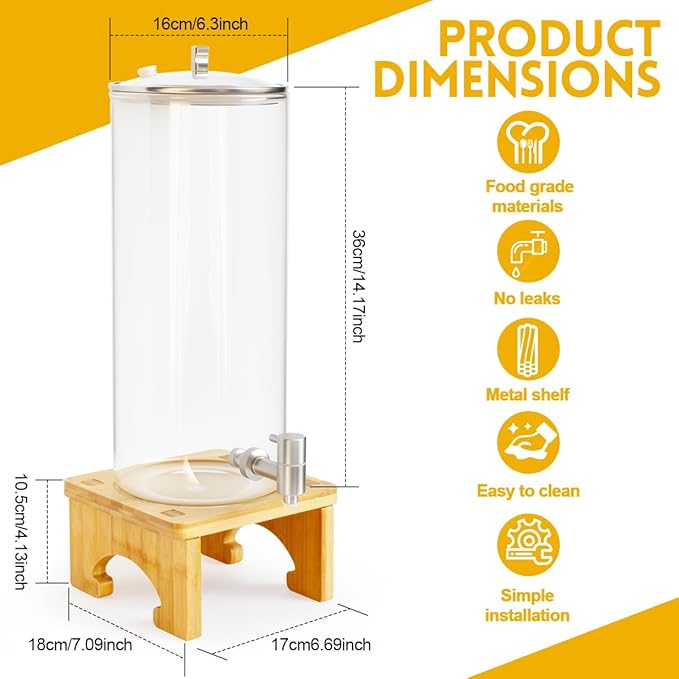 2 Gallon Drink Dispenser,Glass Beverage Dispenser With Wood Stand, 18/8 Stainless Steel Spigot and Labels Large Water Drink Dispensers for Parties, Lemonade,Juice, Bar,Wedding,Restaurants - Image 2