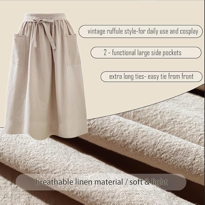 Cotton Linen Half Apron for Women Vintage Waist Apron Ruffle Plain Bright Color for Cooking Painting Artwork